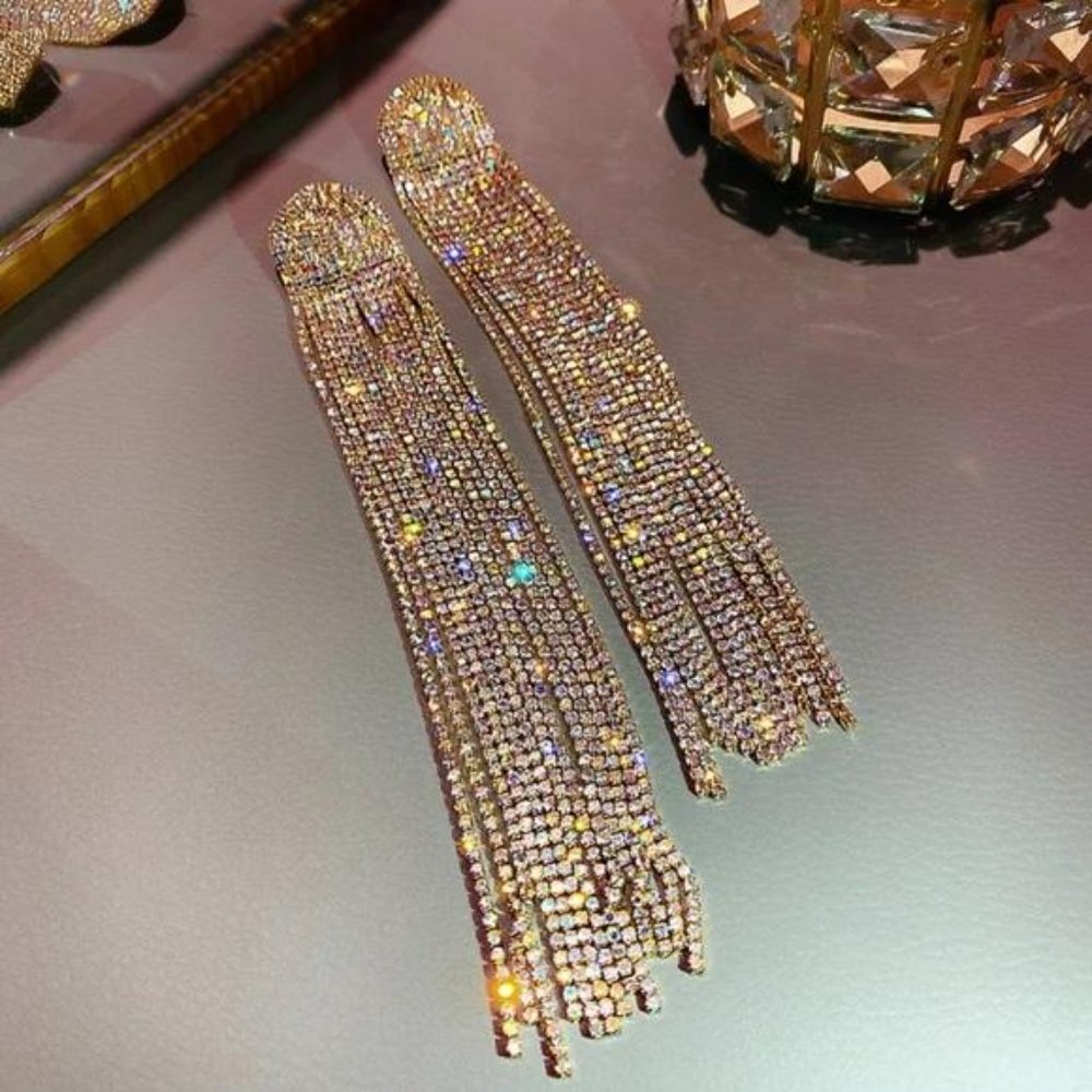 LONG TASSEL SILVER DIAMOND DANGLE EARRINGS - Picture 5 of 6